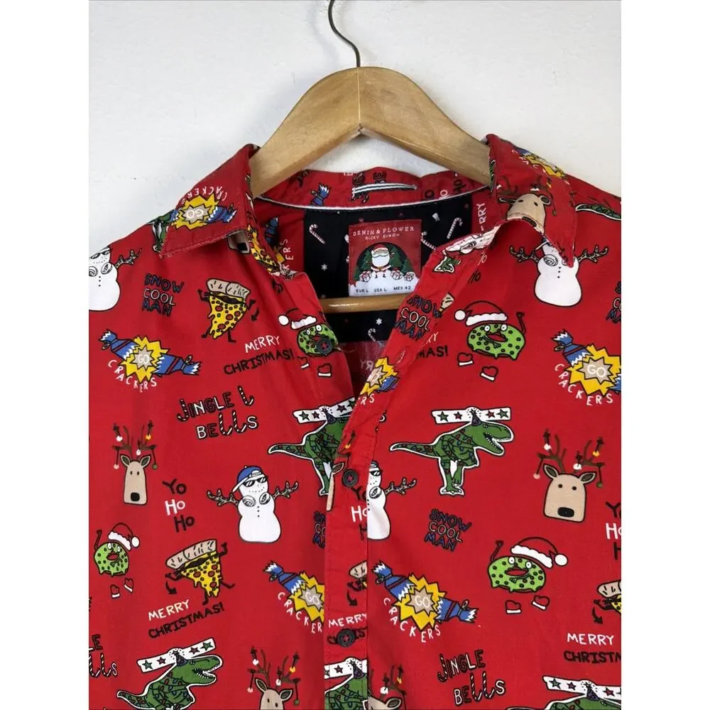 Denim & Flower boys Christmas Shirt large Red Holiday Print Button Up Cotton